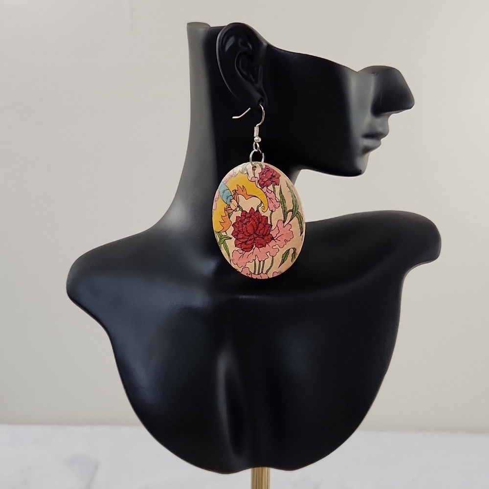 Hand Painted Wooden Floral Dangle Earrings Boho Cottagecore Lightweight - Picture 2 of 4